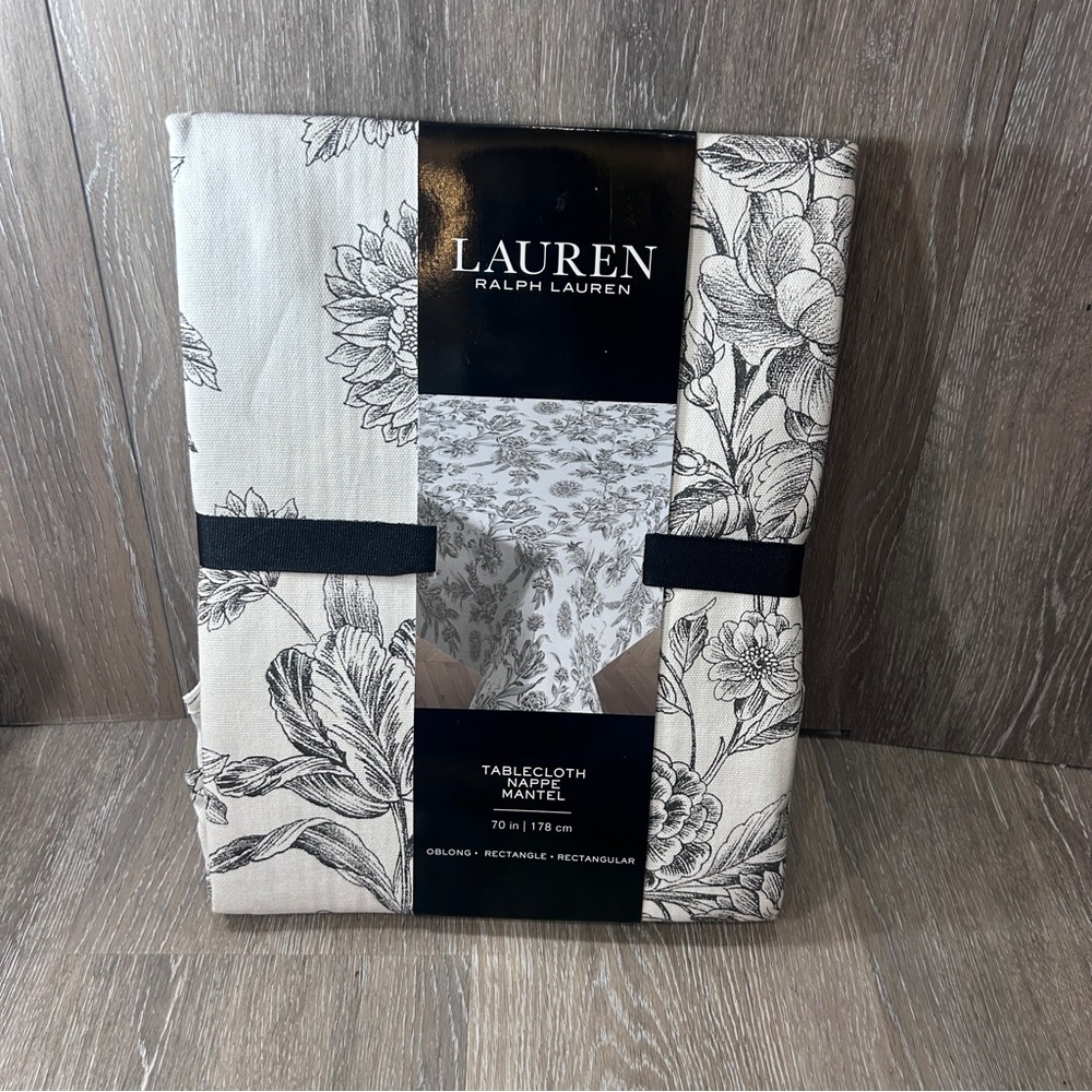 Lauren Ralph Lauren Black & White Floral Cotton Tablecloth | 70”Oblong Rectangle
